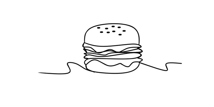 Single line drawing of a hamburger food illustration. Continuous one line drawing of burger. Single line drawing of hamburger . Silhouette of fast food restaurant burger with cheese, cutlet and salad.