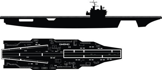 Black silhouette of a modern aircraft carrier warship from side and top view isolated on white for military naval design © Ponkaj