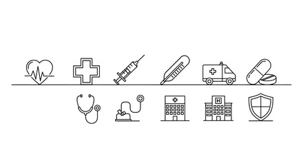 A minimalist line drawing illustration of various healthcare and medical icons on a clean white background, conveying a sense of health and wellness with a simple and modern style.