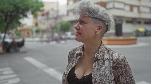 Woman wearing snake print shirt shows bare cleavage while gazing upward on an urban street; curiosity.