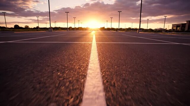 Sunrise over an empty asphalt parking lot, light poles, sky is orange, white lines