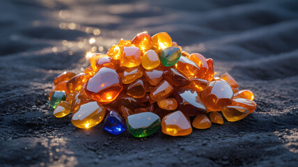 Small pile of glowing amber and colorful gemstones resting on a dark sandy surface at dusk.