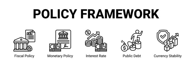 Fototapeta premium Policy Framework web banner icon concept, with Fiscal Policy, Monetary Policy, Interest Rate, Public Debt.