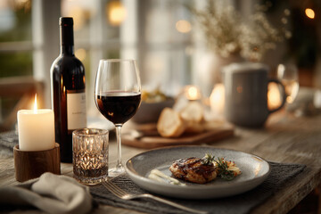Enjoying a Romantic Home Dining Experience With Wine and Candlelight on a Cozy Evening