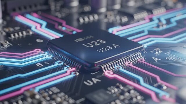 Closeup of a computer chip with glowing circuits