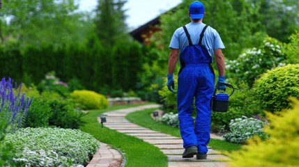 Fototapeta premium Gardener in blue overalls walks along a curved garden path bordered by lush greenery and flowers. Sunlit path