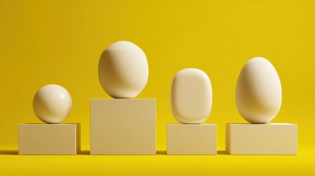 Four egg-shaped objects on rectangular bases against a bright yellow background, arranged from smallest to largest,