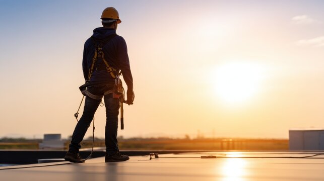A lone worker stands on a rooftop at sunset, wearing a helmet and harness, surveying the edge. by sunset glow now