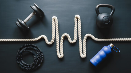 Fitness equipment including a dumbbell and kettlebell arranged around a measuring tape heartbeat line