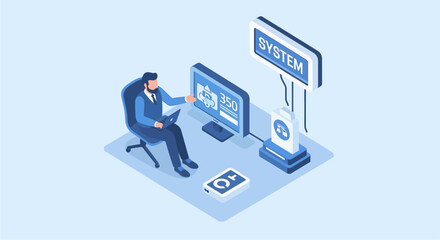A man working on a laptop connected to a system monitor displaying ISO 9001, illustrating quality management and system control.