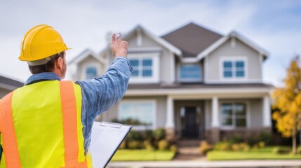 A construction worker in a yellow hard hat and vest points toward a two-story suburban house on a sunny day.!!