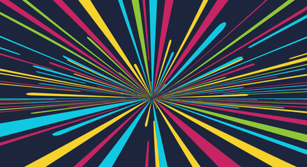 A vibrant abstract background features an energetic explosion of colorful lines radiating outwards from a central point, creating a dynamic visual effect.