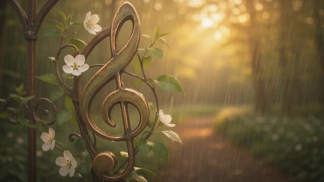 4K cinematic video of a decorative treble clef entwined with blossoms in a misty spring garden during light to moderate rainfall with subtle natural movement and warm morning atmosphere