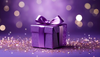 Fototapeta premium Purple Gift Box On Purple Background With Glitter And Bokeh