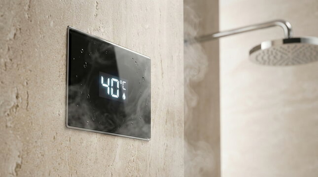 Modern digital shower panel displaying 40&deg;C with steam in a luxurious bathroom. Smart temperature control for a comfortable and relaxing spa experience.