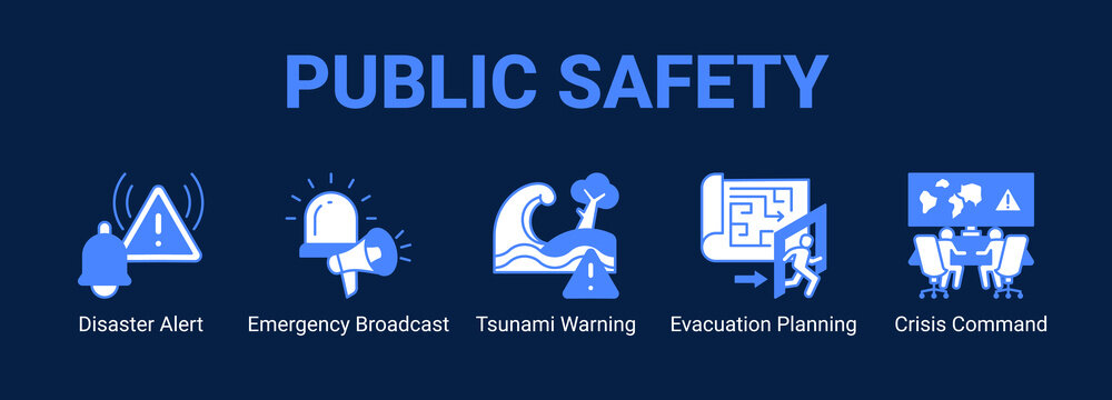 Public Safety web banner icon concept, with Disaster Alert, Emergency Broadcast, Tsunami Warning, Evacuation Planning.