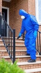 Fototapeta premium A person in a blue hazmat suit descends brick steps outside a doorway, wearing hood and mask, cautious stance
