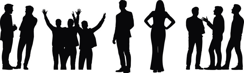 Black Vector Silhouettes of Business Professionals Including People Talking Celebrating Success Standing in Poses and Groups for Corporate Presentation Designs
