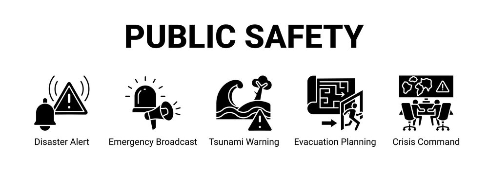 Public Safety web banner icon concept, with Disaster Alert, Emergency Broadcast, Tsunami Warning, Evacuation Planning.