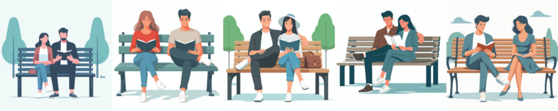 vector couple sitting on a park bench reading a book together