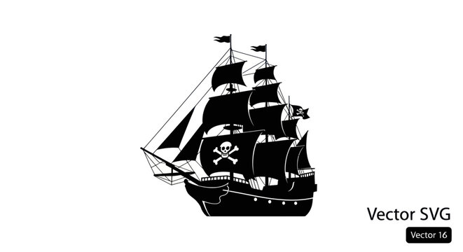 Black Silhouette Pirate Ship with Jolly Roger Flag on White Background
