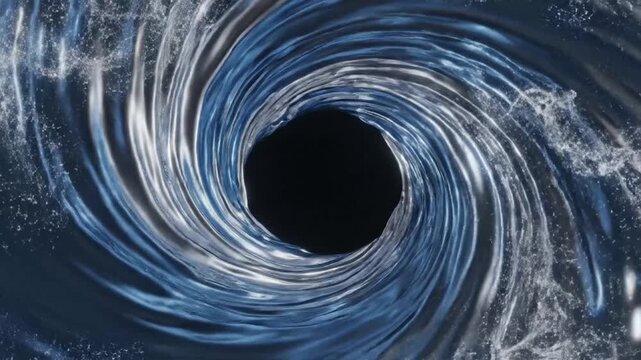 A mesmerizing blue and white liquid vortex swirls into a dark void