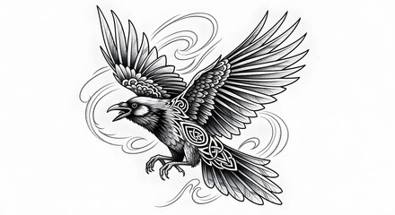 Fototapeta premium Detailed black and white stippling art of a flying crow with celtic knot patterns