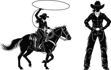 Silhouette of a Cowgirl Riding a Horse and Twirling a Lasso Lassoing Beside a Standing Female Rancher in Western Attire Isolated on White Background