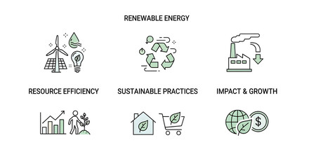 Fototapeta premium Renewable energy icons set with efficiency sustainability growth and eco-friendly concepts