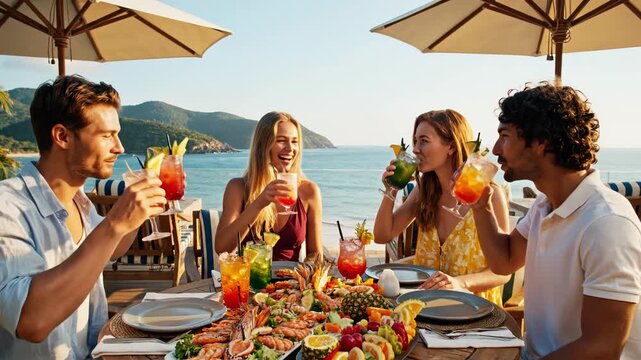 People toasting with drinks and food by the sea