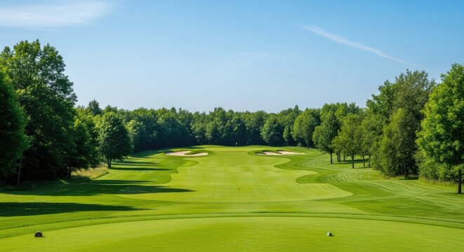 A lush green golf course with a clear blue sky and scattered trees in the background.