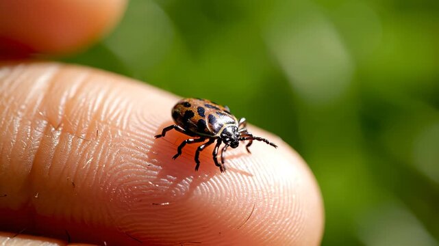 Small spotted beetle on human finger