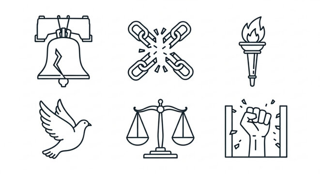 Justice and freedom symbols including bell broken chain torch dove scales and raised fist on white background