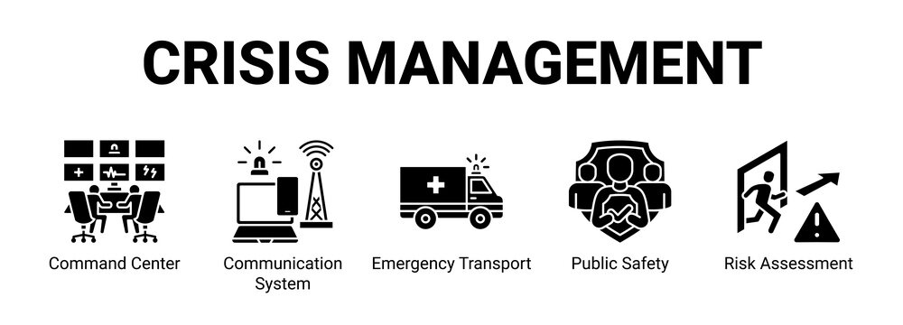 Crisis Management web banner icon concept, with Command Center, Communication System, Emergency Transport, Public Safety.