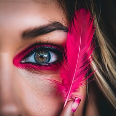 Closeup of female eye with bright pink feather and makeup, fashion beauty