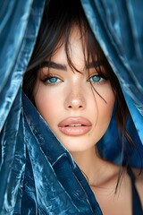 Elegant woman with blue eyes surrounded by blue velvet drapery