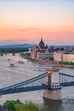 Sunset view of the skyline in Budapest, Hungary.