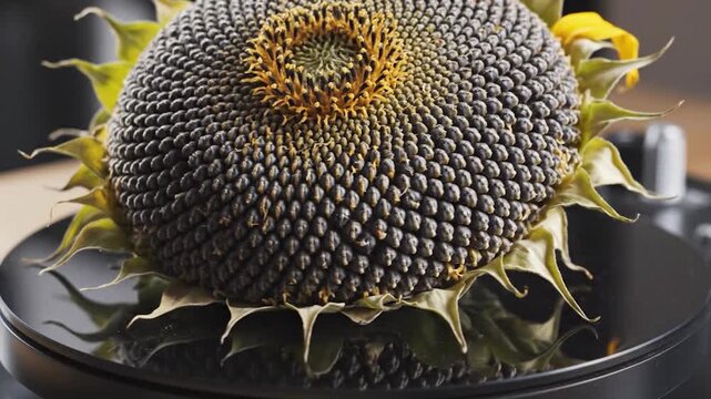 A dried sunflower head full of mature seeds slowly rotates on a black surface