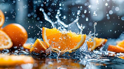 Orange slices splashing in water, fresh citrus macro with vibrant colors
