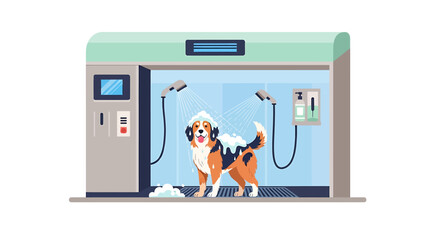Happy dog getting a bath in a modern grooming station.