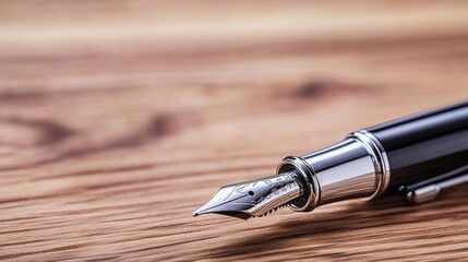 Fototapeta premium nib. An elegant fountain pen on a wooden surface with warm lighting and minimalist style. lifestyle magazines, social media lookbooks, designed for lifestyle magazines and social media content.