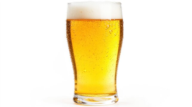 pint. A glass of golden beer with condensation droplets, isolated on a clean white background. bar promotions, beverage menus, designed for product packaging and bar promotions.