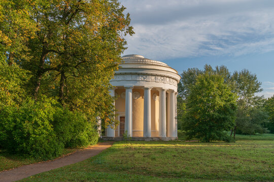 Temple of Friendship on the bank of the Slavyanka River in the Pavlovsky Park on a sunny summer day, Pavlovsk, Saint Petersburg, Russia