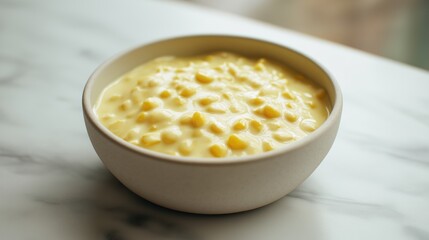 Sweet creamed corn in a white ceramic bowl on marble table.