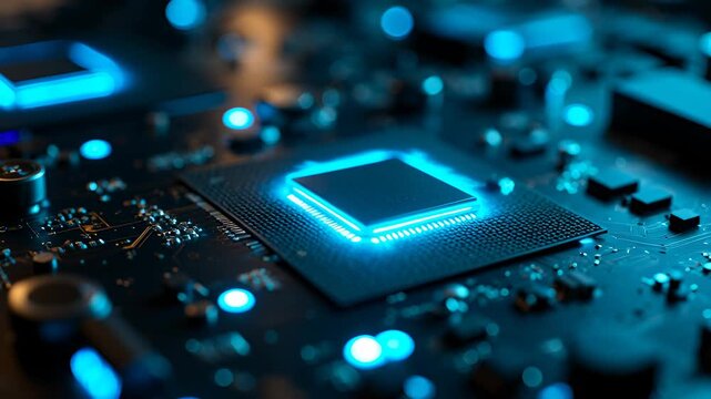 Close-Up of a Circuit Board Featuring a Glowing Processor Chip