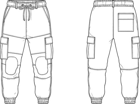 Technical vector tech pack of cargo joggers with side pockets and knee patches for streetwear fashion design