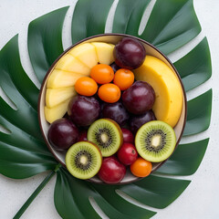A vibrant bowl of fresh sliced tropical and stone fruits with monstera leaves