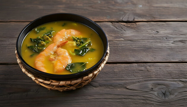 Tacac&aacute;, a traditional Brazilian dish from the northern region of Brazil, served in a rustic black clay bowl with yellow tucupi broth, shrimp, and herbs, on a rustic wooden table. Brazilian cuisine.