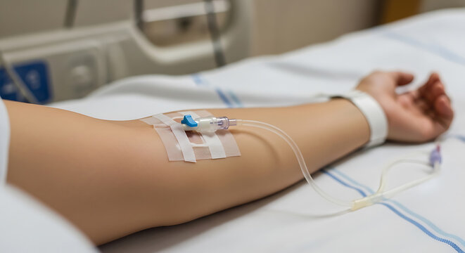 Patient's arm with IV drip in hospital bed for medical treatment, close-up of intravenous infusion and healthcare