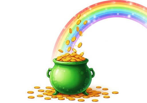 Pot of Gold at End of Rainbow with Falling Coins on White Background